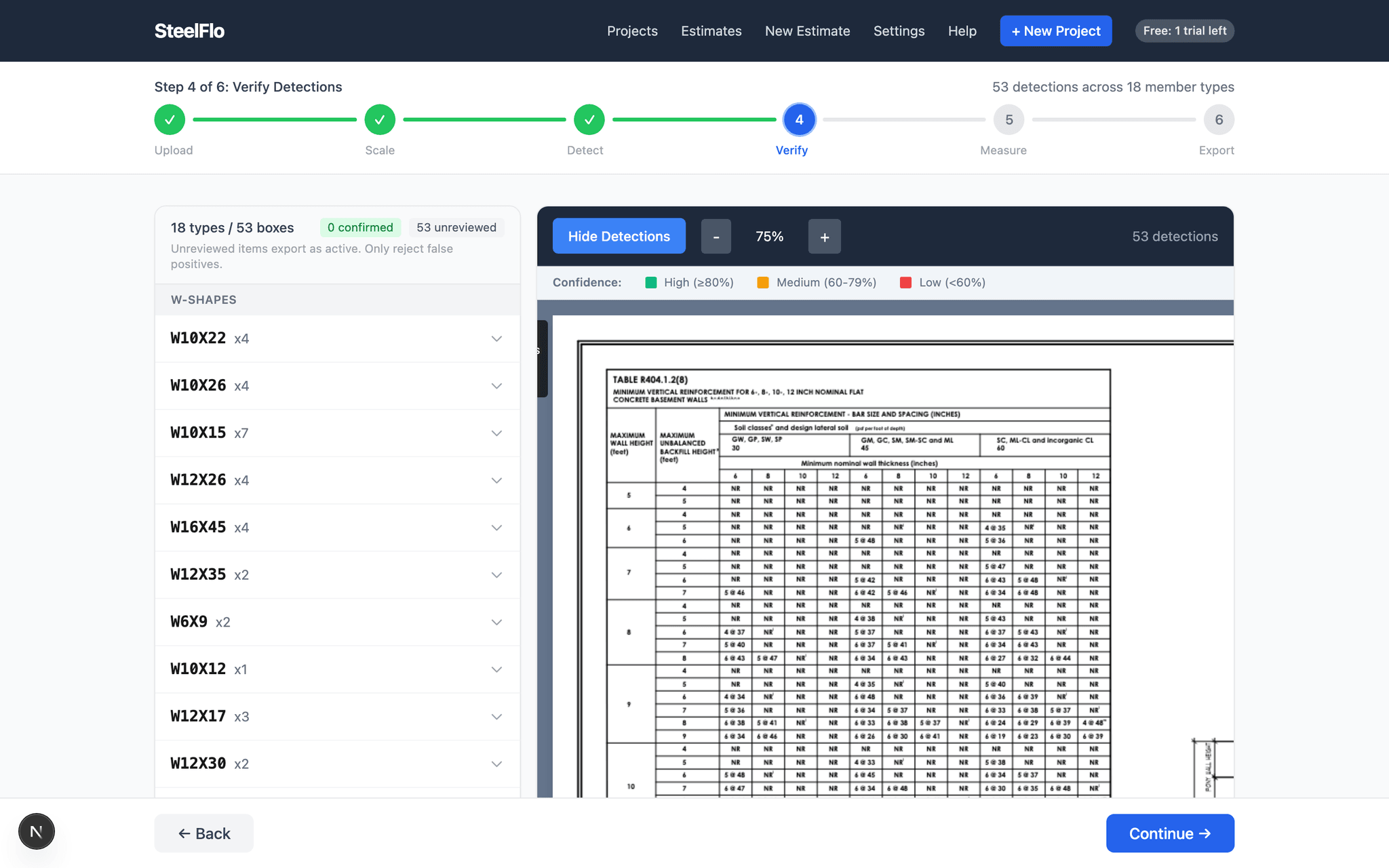 SteelFlo dual AI detection showing steel members identified with confidence scores on a structural drawing