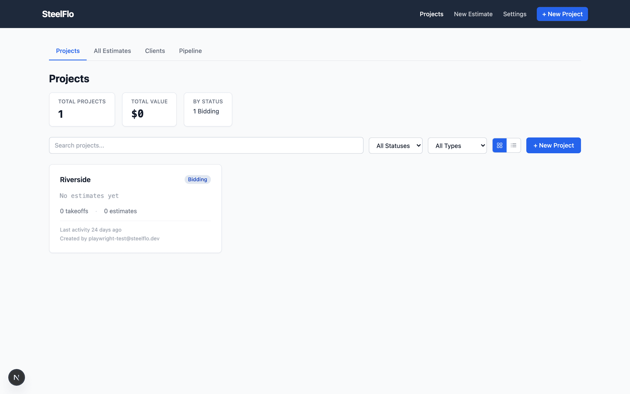SteelFlo project dashboard showing organized projects with drawings, takeoffs, and client details