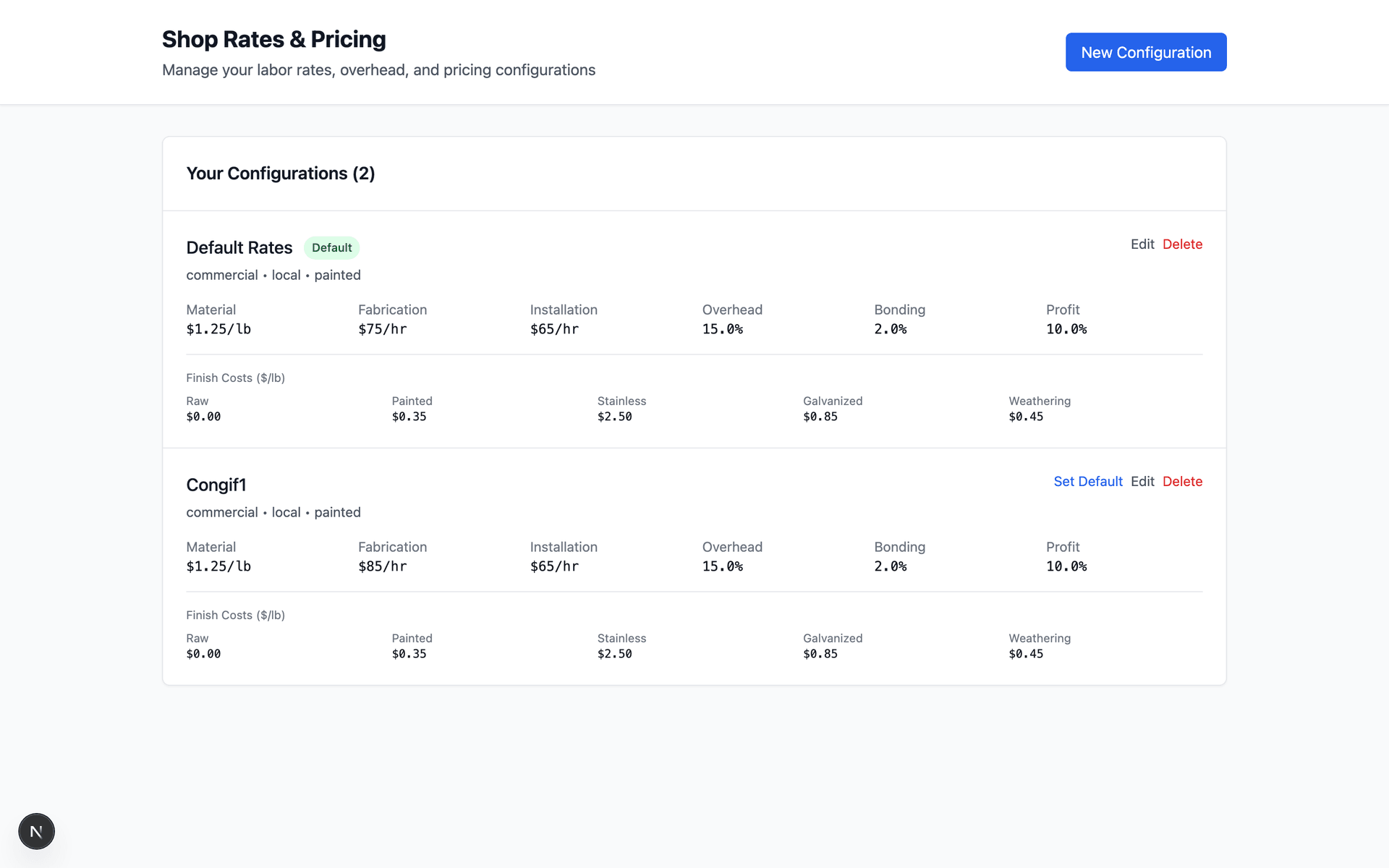 SteelFlo pricing configuration showing material, fabrication, installation rates and finish costs